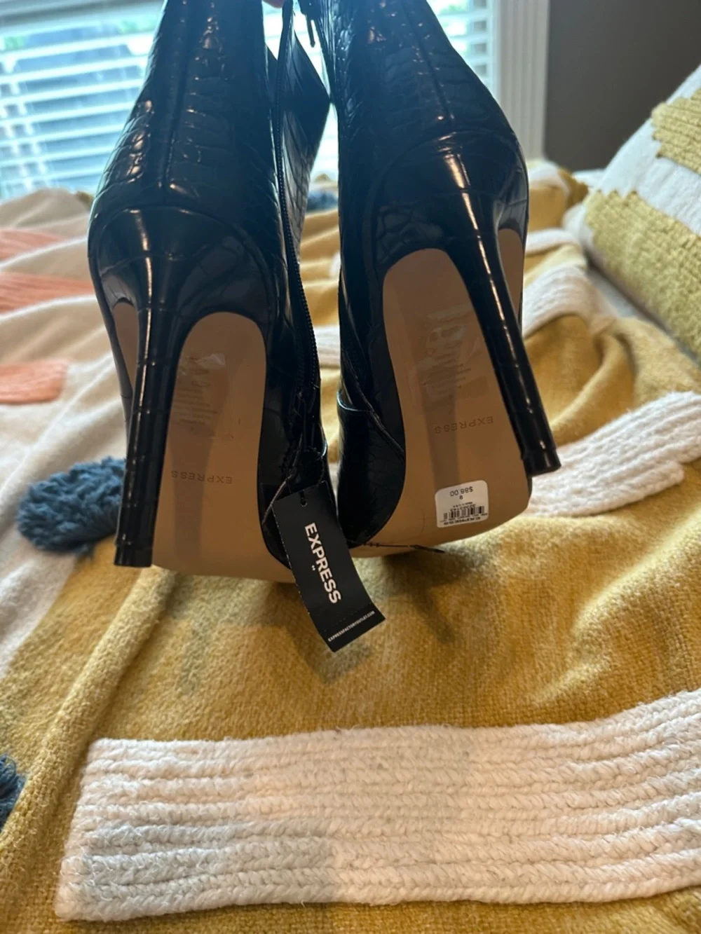 Express Black Croc-Embossed Stiletto Ankle Boots